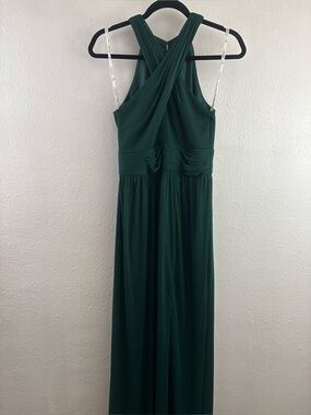 DB Studio dark green chiffon bridesmaid gown halter neckline and pleated waist 4
